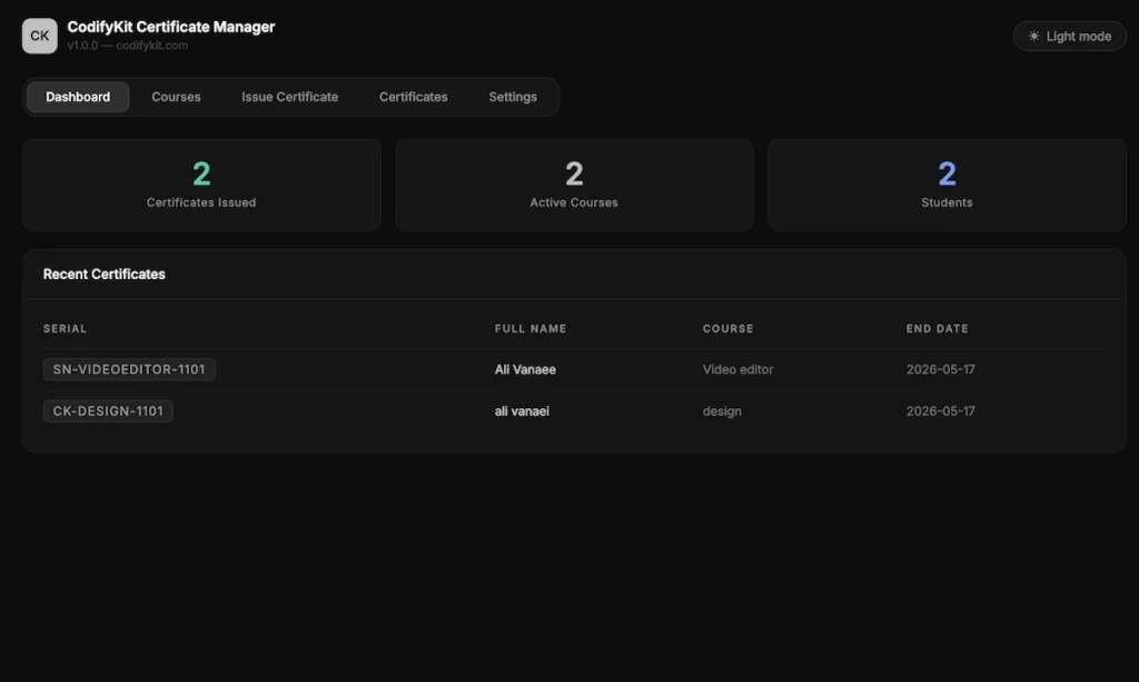 WordPress certificate manager admin dashboard dark mode